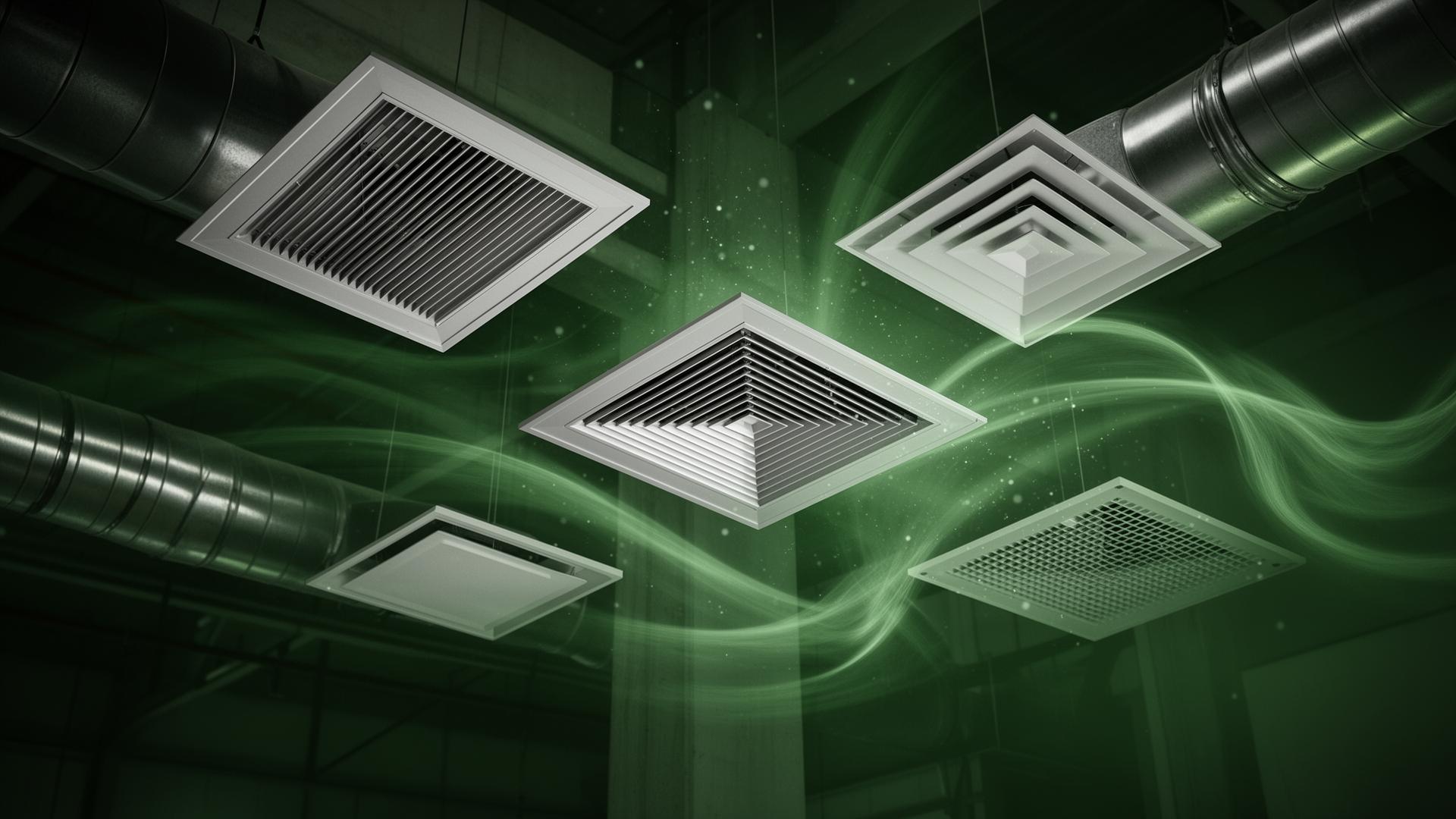 HVAC grilles and diffusers floating in industrial green light